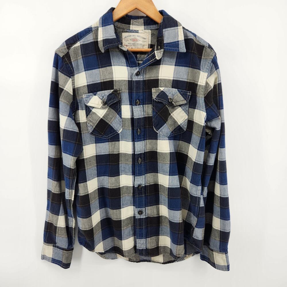 American Eagle Outfitters Men's Medium Black Blue Plaid Flannel Shirt Cotton